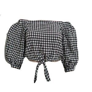 FOREVER 21 Black White Puffy Sleeves Crop Top Size 2X Off The Shoulder Blouse